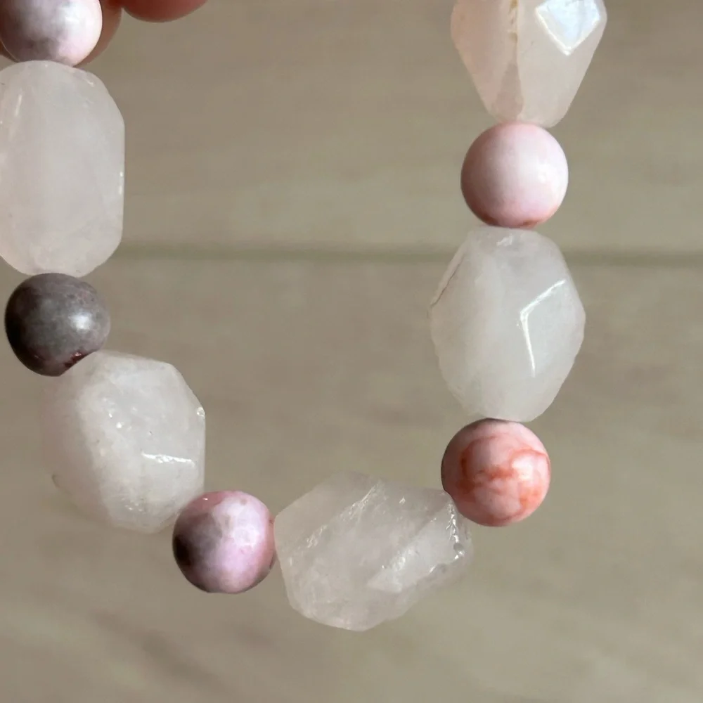 Handmade Faceted Rose Quartz and Rhodonite Beaded Stretch Bracelet, 6-6.5